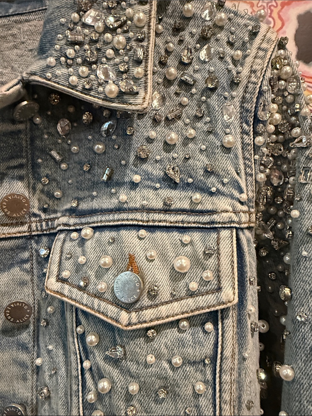 Alice + Olivia Light Wash Pearl-Embellished Denim Jacket - Picture 2 of 4